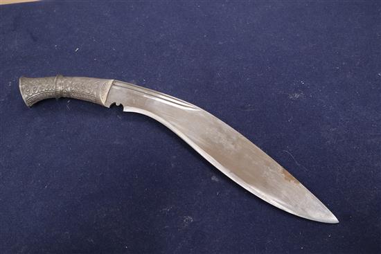 A silver mounted Kukri and two smaller blades kukri length 40cm